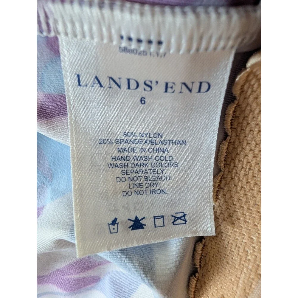 Lands End Tankini Women 6 Blue Purple Floral Drawstring Bow Bra Swim Top Resort